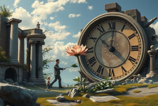 A man and child walking beside a giant clock in ancient ruins.