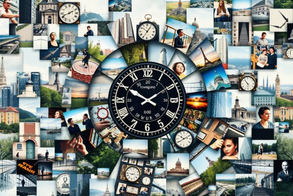 A dynamic collage of clocks, landmarks, and portraits surrounding a central clock, blending urban and natural elements.