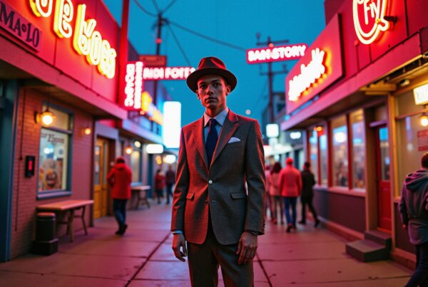 A man in a suit stands in a neon-lit urban street, creating a blend of retro and modern vibes.