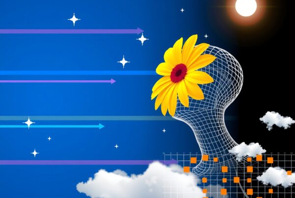 A wireframe head with a yellow flower and a starry sky background conveys a blend of nature and technology.