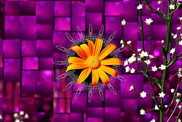 Vibrant orange flower on purple mosaic background with white blooms and artistic lighting effect