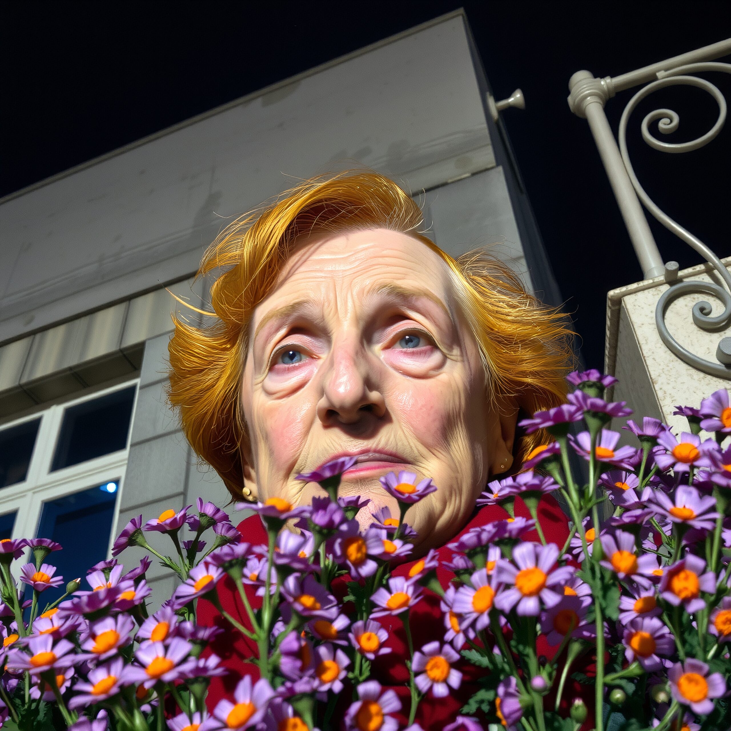 Elderly Woman Behind Vibrant Flowers