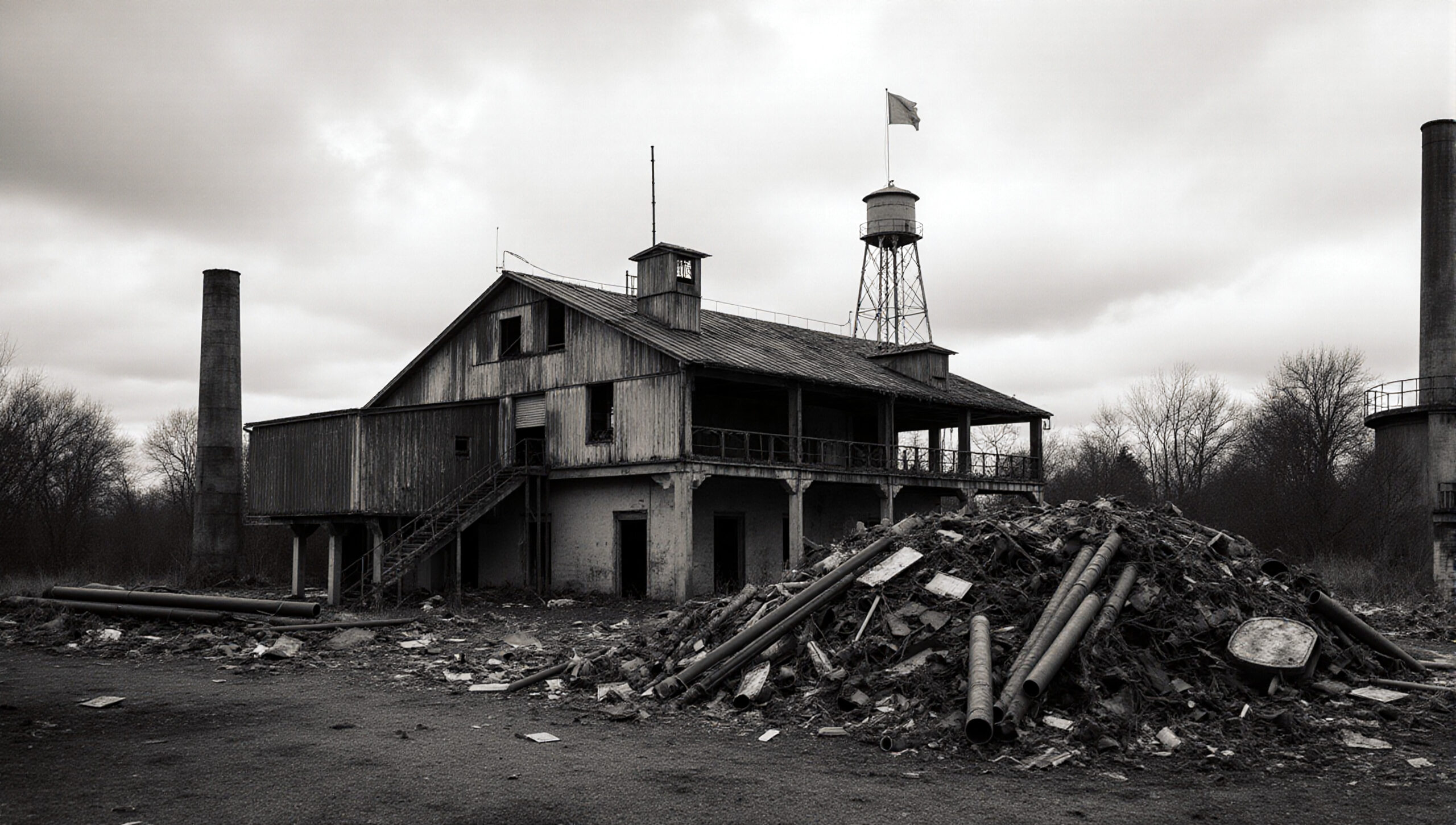 Ruined Factory Under Cloudy Sky