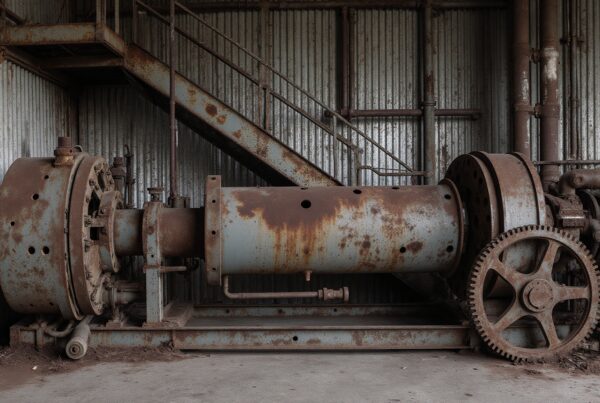 A large, rusted industrial machine in an abandoned factory setting.
