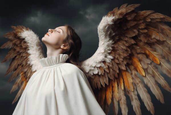 An ethereal woman with wings stands serenely against a dark cloudy backdrop.
