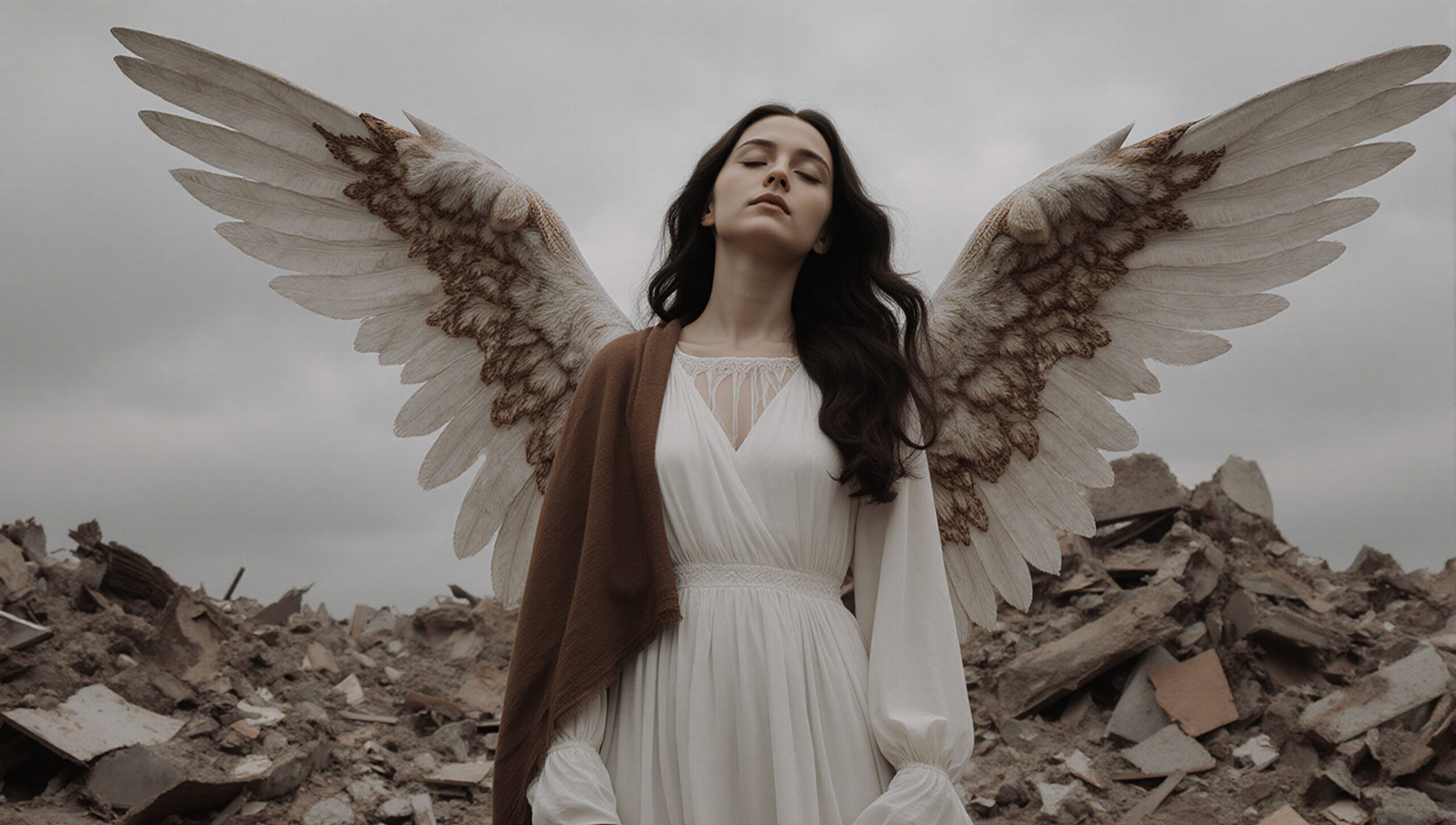 Ethereal Figure Amidst Urban Ruins