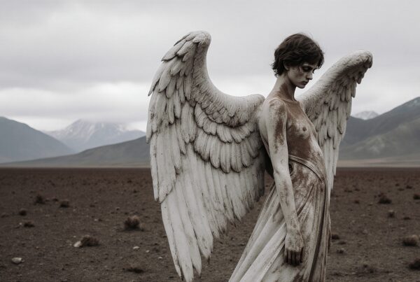 A solitary angel with weathered wings stands contemplatively in a barren desert, mountains in the background.