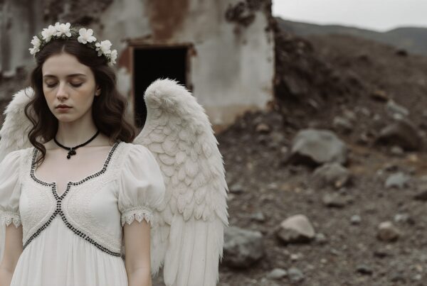 A serene angelic figure with wings stands in a desolate rocky landscape, wearing a white dress and floral crown, embodying ethereal beauty.