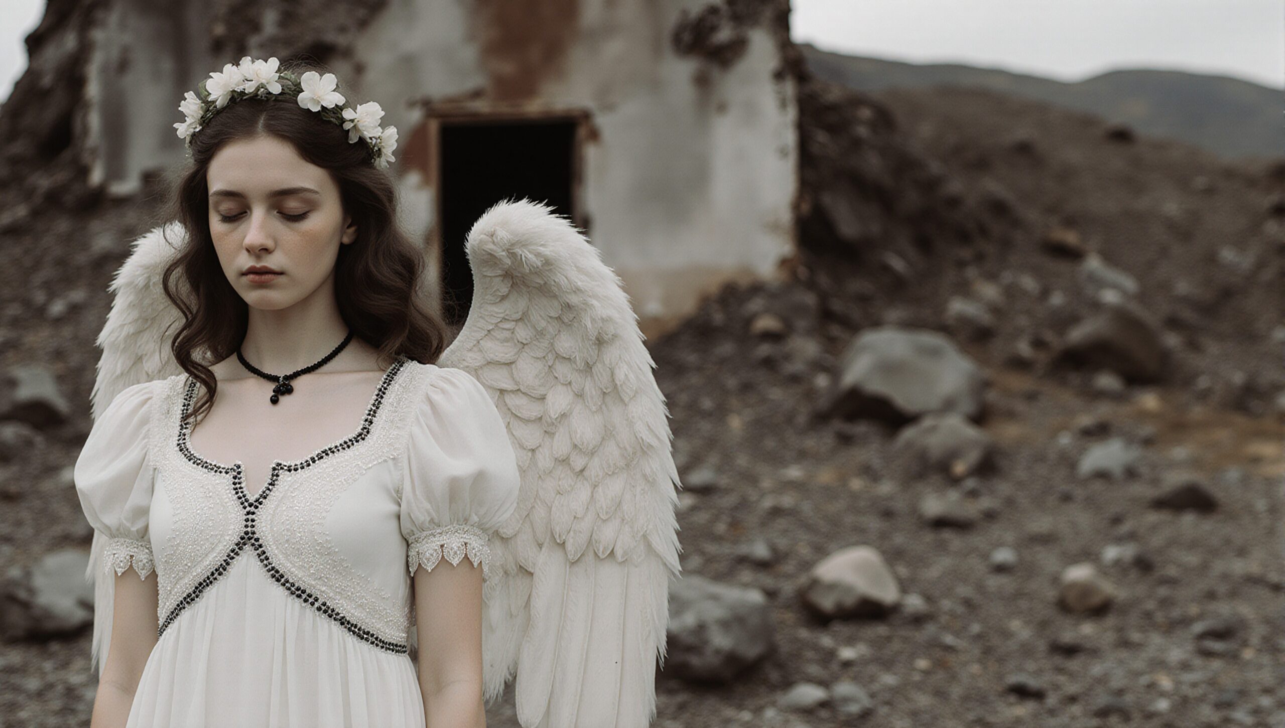 Ethereal Angel in Desolate Landscape