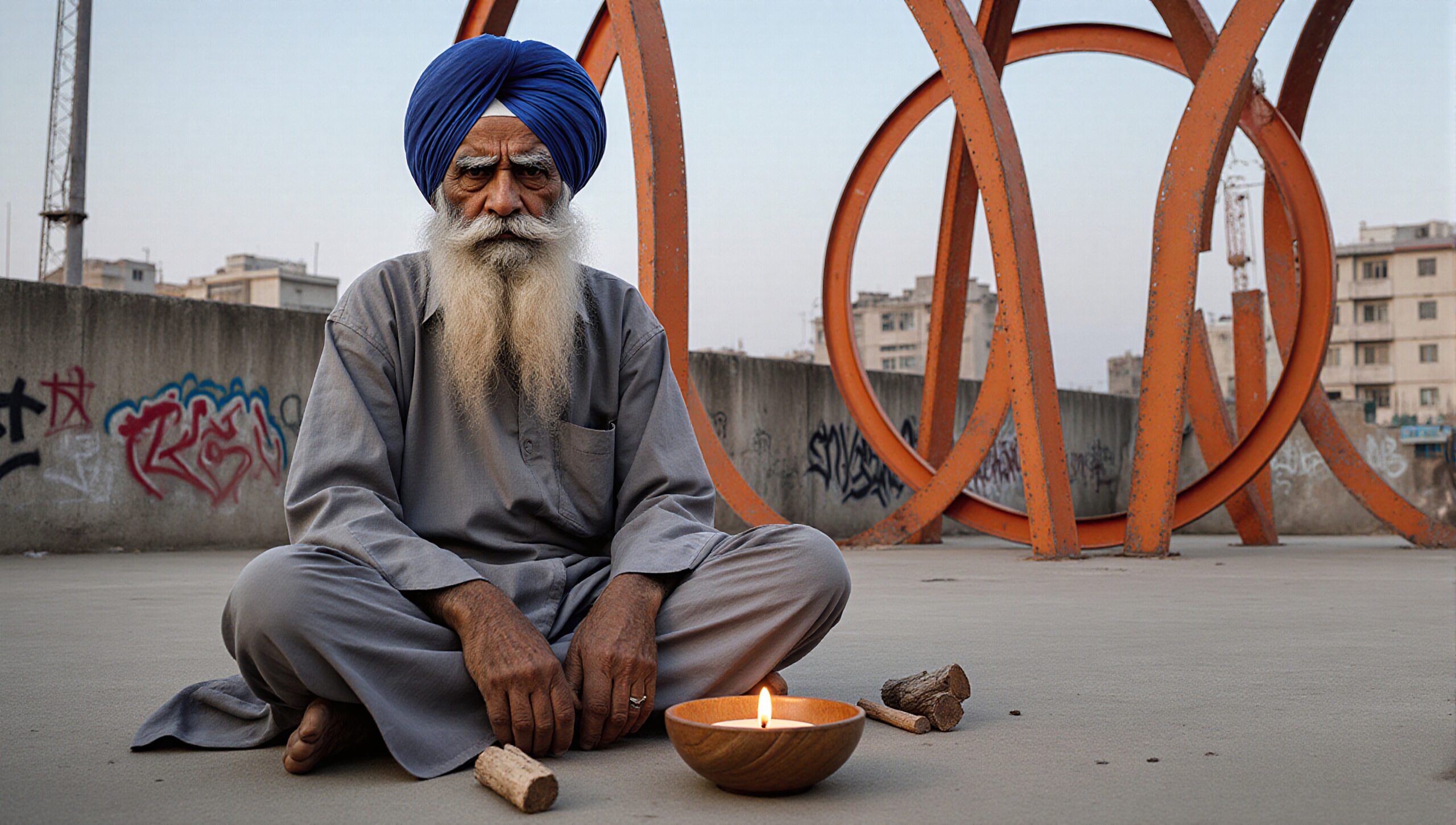 Man Meditating in Urban Environment