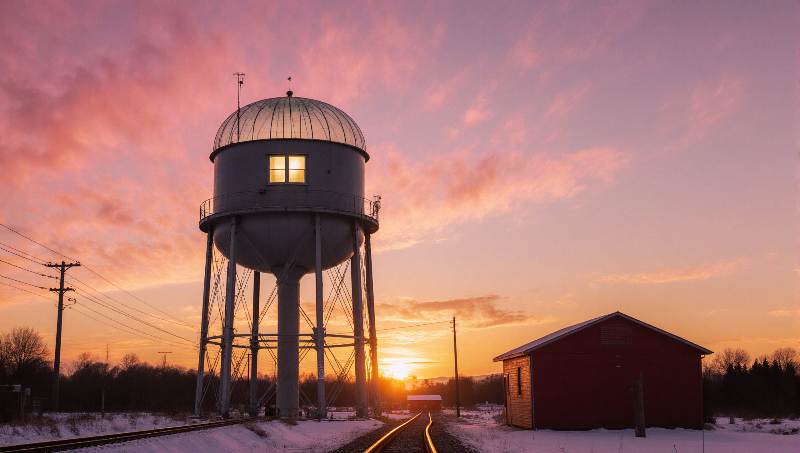 Sunset over rural water tower
