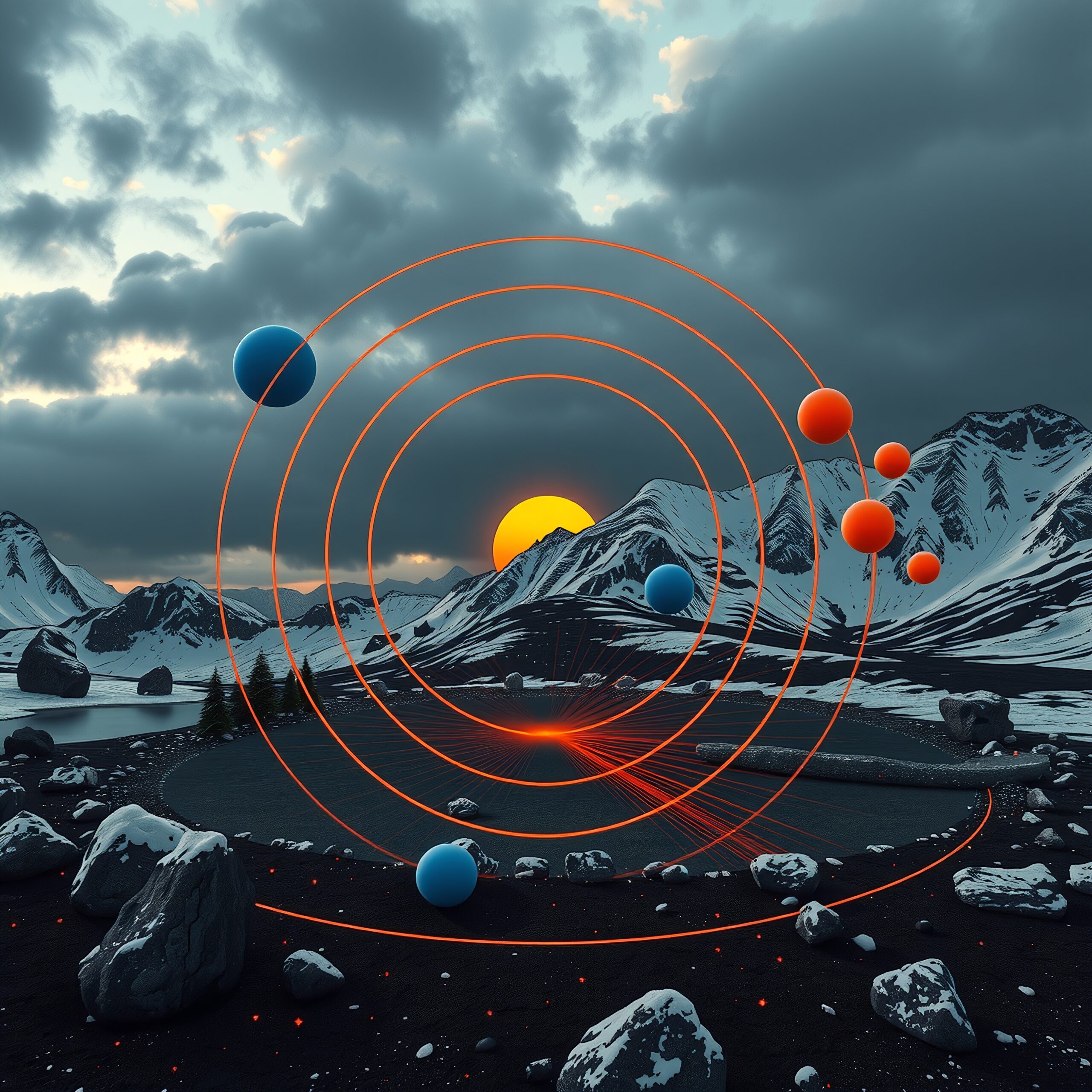 Mystical Landscape with Floating Spheres