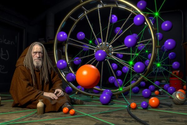 Elder sage observes glowing laser-connected orbs in mystical sci-fi lab setting