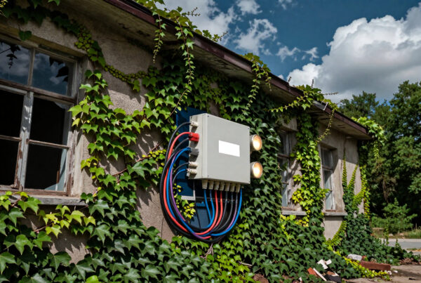 Abandoned house with overgrown ivy and exposed electrical box