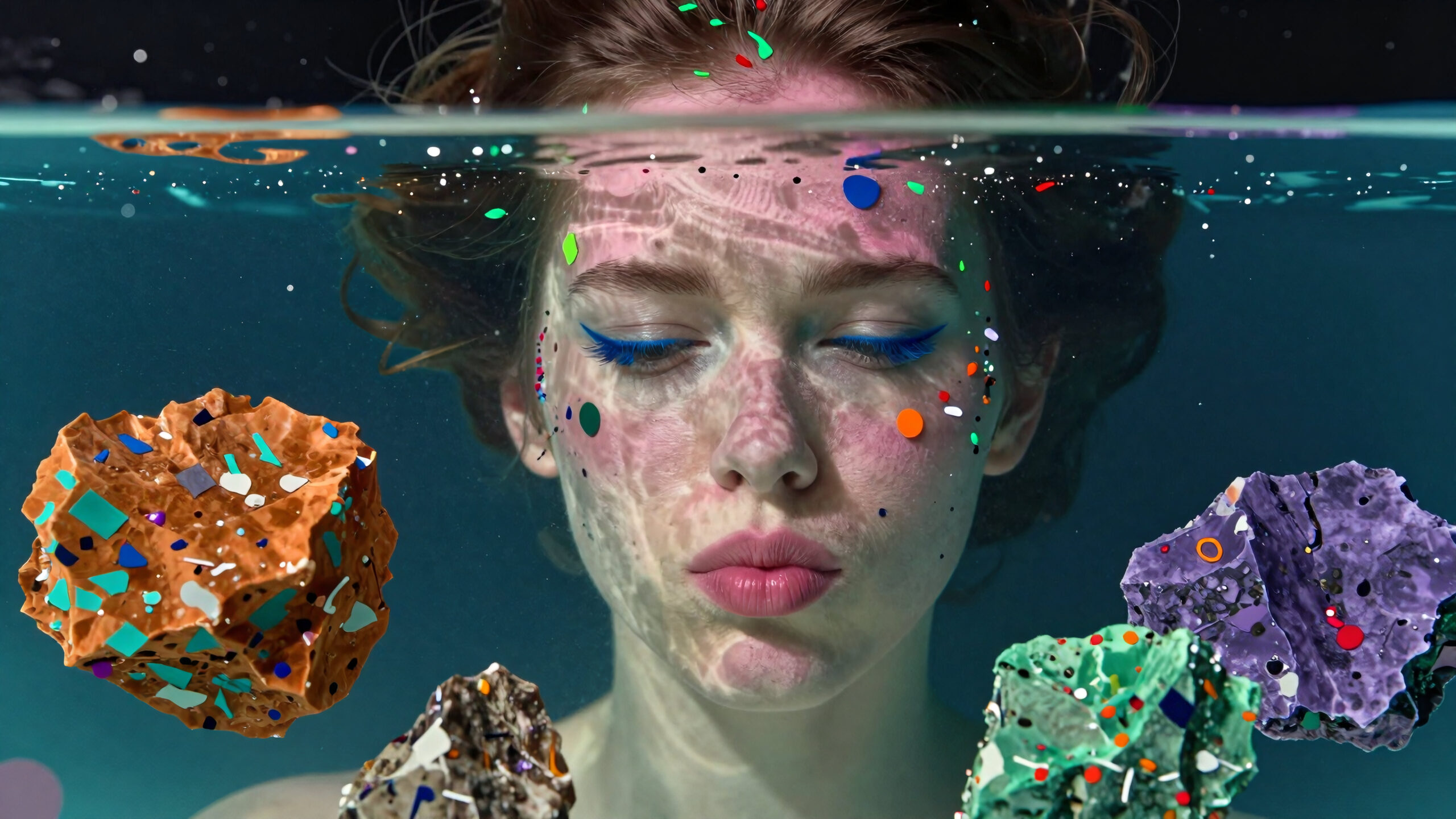 Underwater Dreamer With Cosmic Fragments