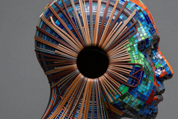 Colorful mosaic head sculpture representing mind and technology