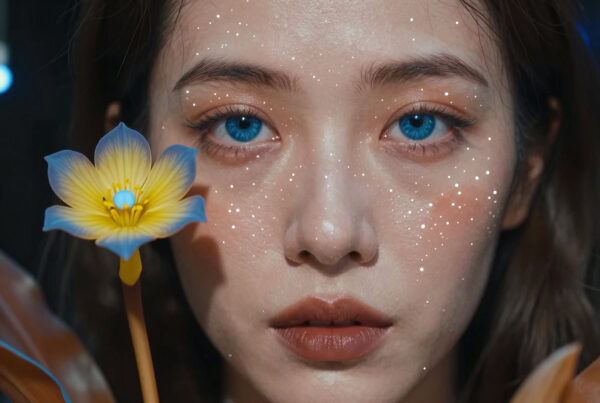 Fantasy portrait of beautiful woman holding enchanted flower with glowing blue eyes