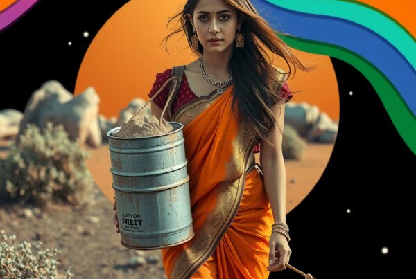Woman in orange saree with metallic container in desert landscape against colorful abstract backdrop.