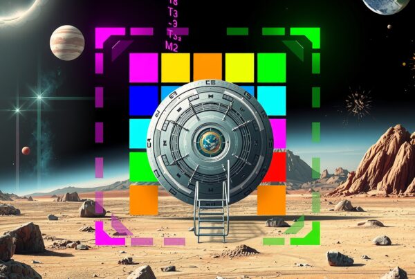 Futuristic landscape with cosmic portal.