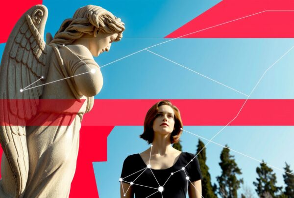 A woman and an angel statue, connected by geometric lines, set against a vivid blue sky and red accents.