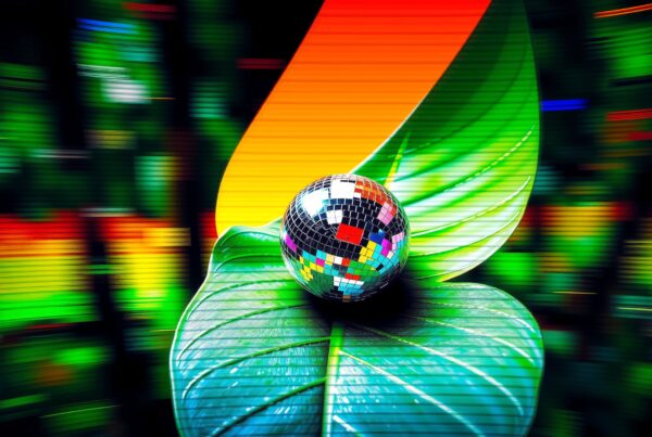 A colorful disco ball on a lush green leaf with a blurred vibrant background.
