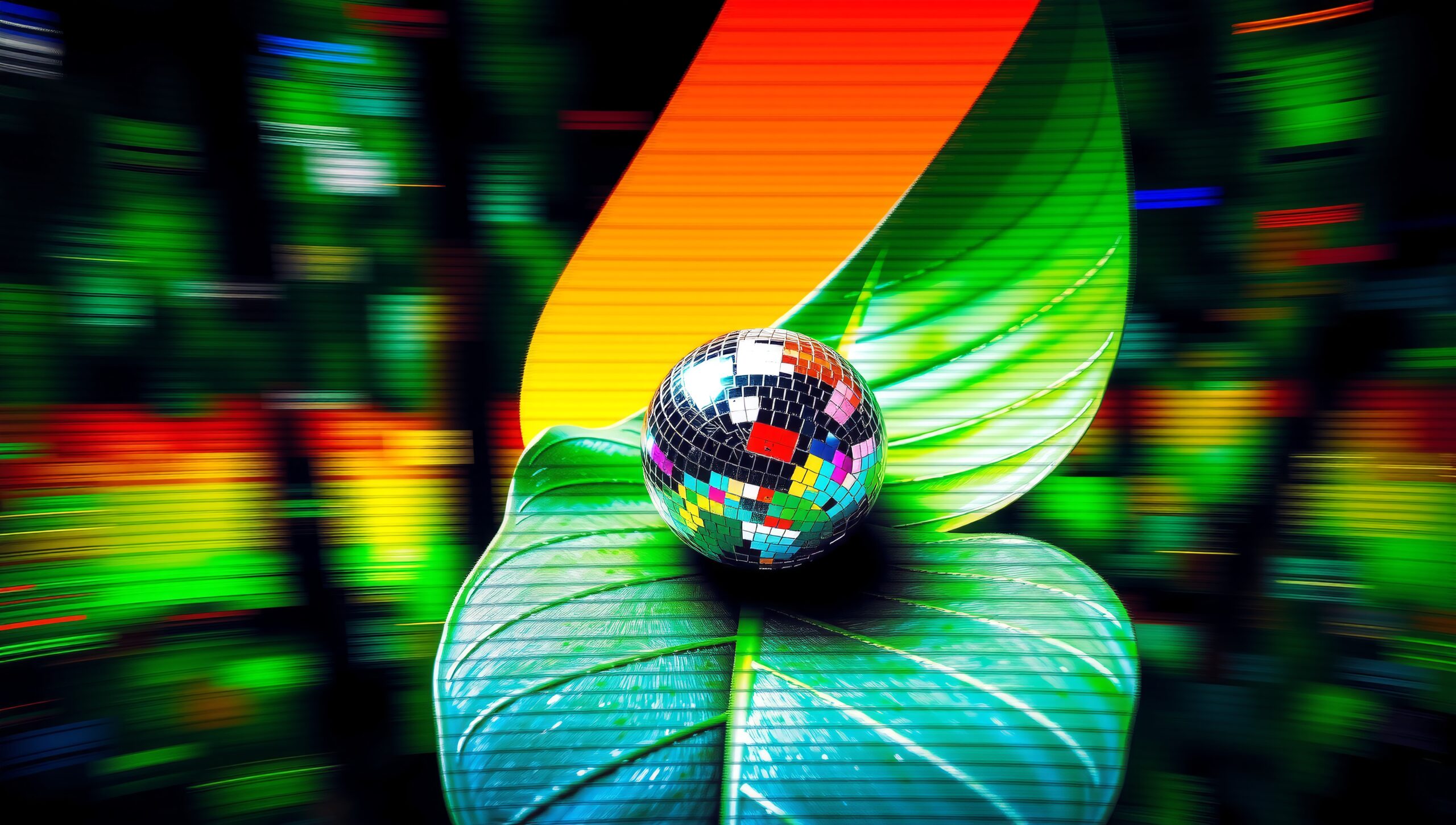 Vibrant Disco Ball on Leaf