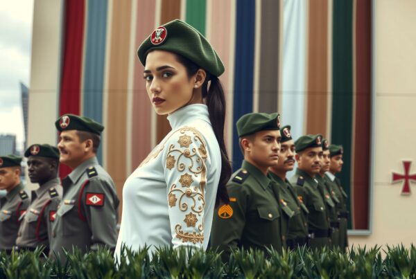 Line of uniformed individuals in a ceremonial urban setting with distinctive attire.