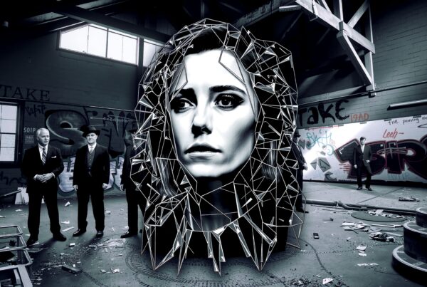 Abstract geometric sculpture in an urban graffiti-covered setting with dramatic contrasts and formal figures.