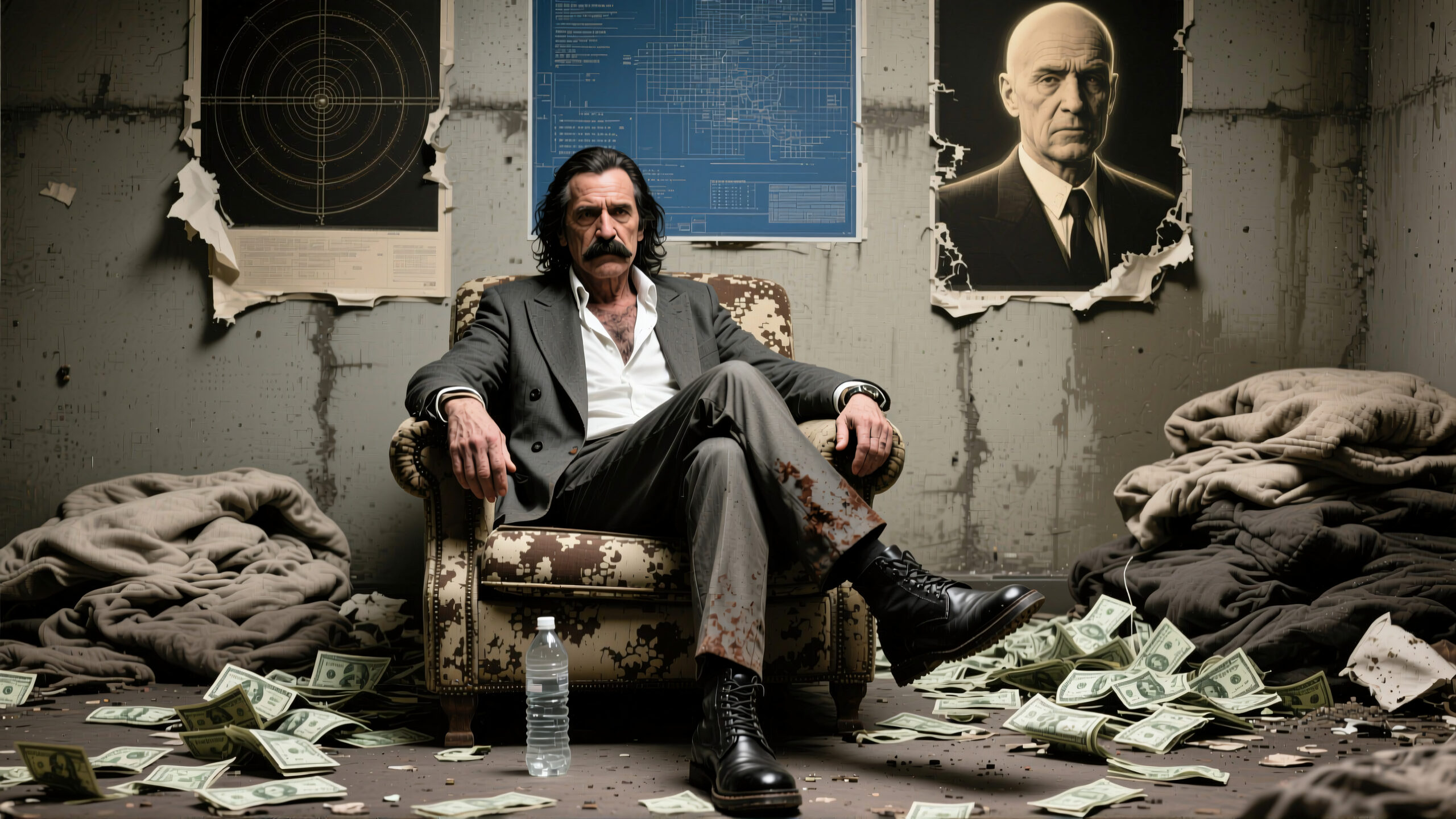 Mafia Boss Seated Amid Scattered Cash