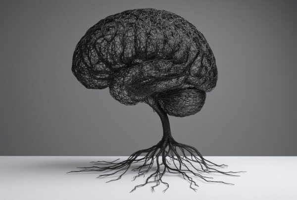A wire sculpture depicting a brain with intertwining roots symbolizing the connection between nature and cognition.
