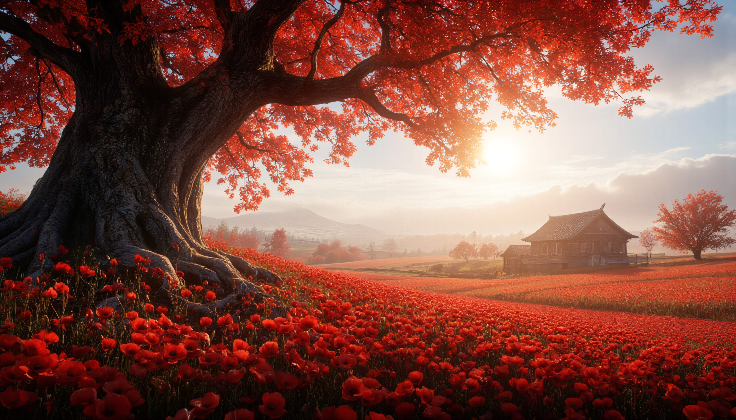 Autumn Tree and Red Poppy Field