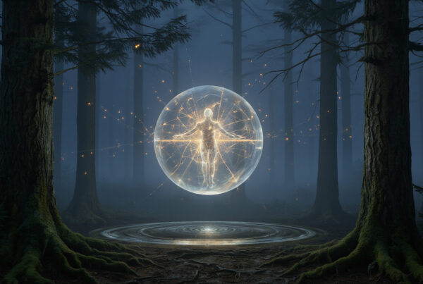 Glowing Human Figure Inside Magical Forest Orb Spheres