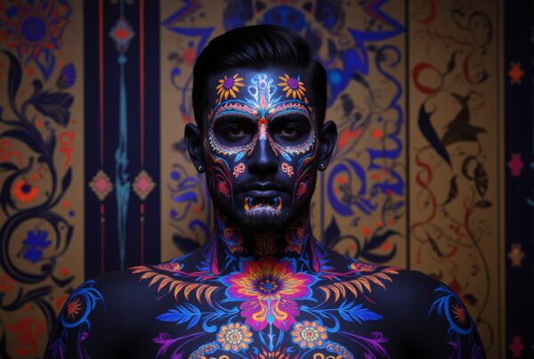Colorful neon body and face art featuring detailed floral and geometric designs against a dark background.