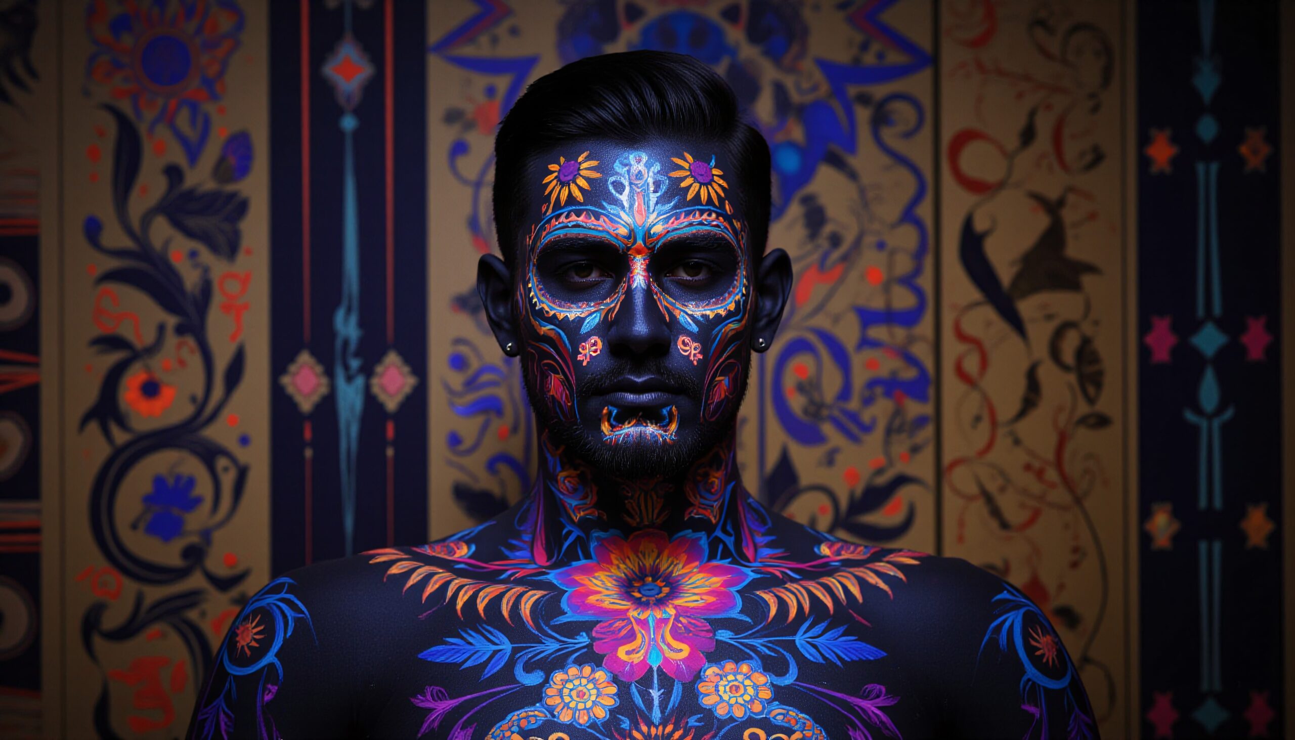 Vibrant Neon Floral Body Art
