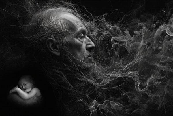 A black and white image depicting an elderly man whose hair flows into smoke, with a sleeping baby nestled within.
