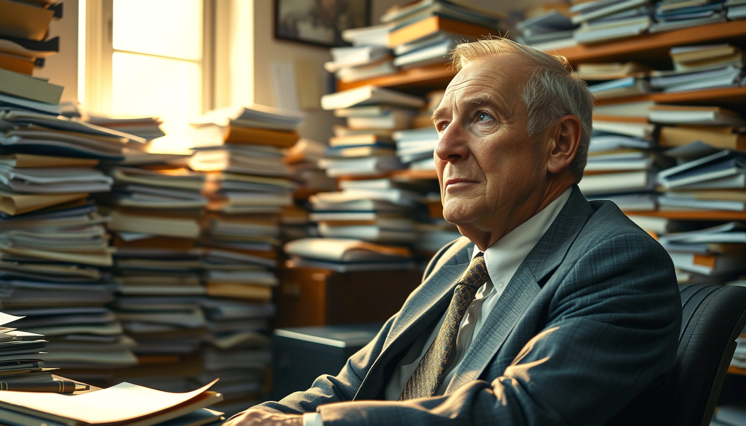 Man amidst stacks of documents