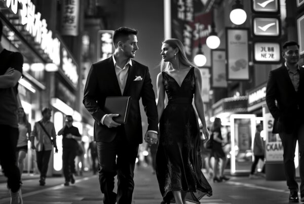A couple in formal attire walks hand in hand through a bustling city street at night, illuminated by bright city lights in a black and white scene.