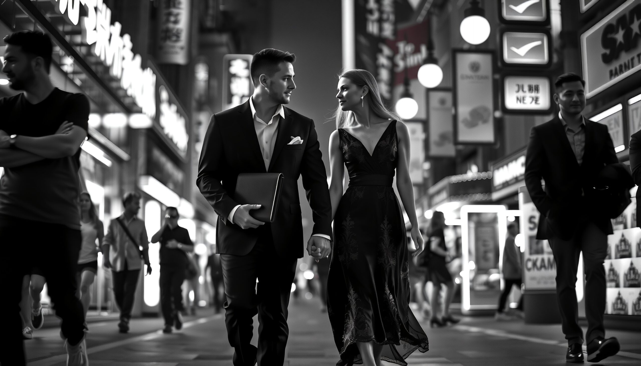 Elegant Couple in Busy City