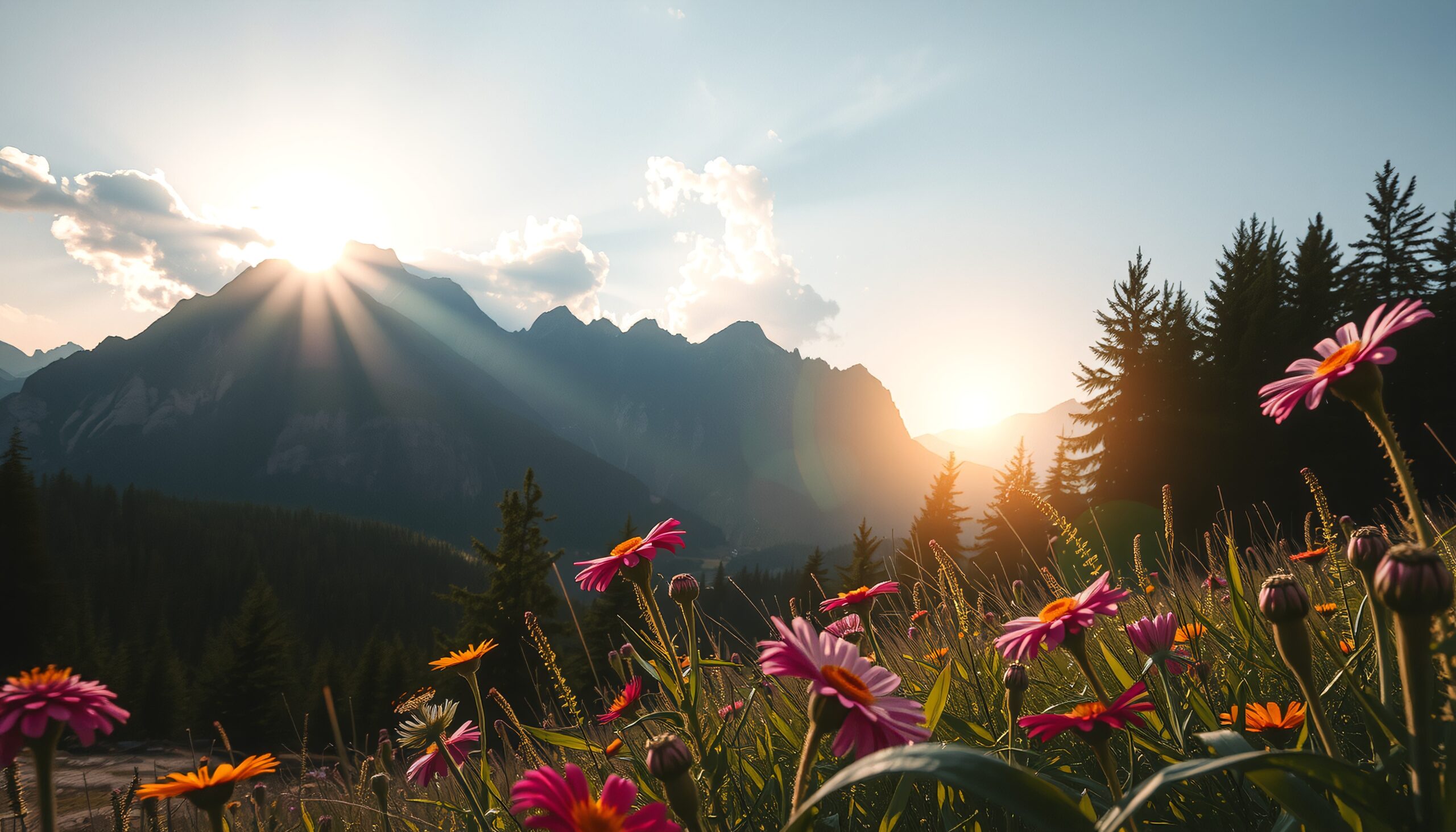Sunset Over Vibrant Mountain Flowers