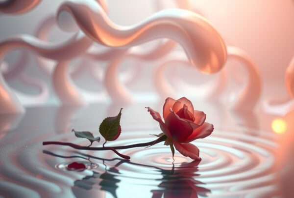 A delicate rose floats serenely, creating ripples surrounded by abstract shapes.