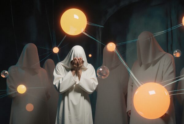 A group of hooded figures surrounded by glowing orbs.