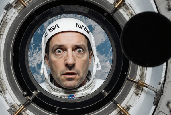 Astronaut in spacesuit gazes through spaceship window at Earth.