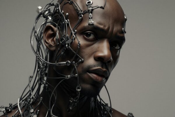 A man with a futuristic, robotic appearance featuring intricate mechanical details integrated into his skin.