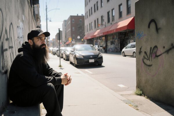 A man with a beard sits against a graffiti wall in an urban street setting.