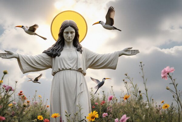 A statue of a haloed woman with outstretched arms surrounded by flowers and birds under a cloudy sky.