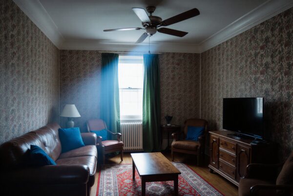 A cozy vintage living room with classic furniture, patterned wallpaper, and warm lighting.