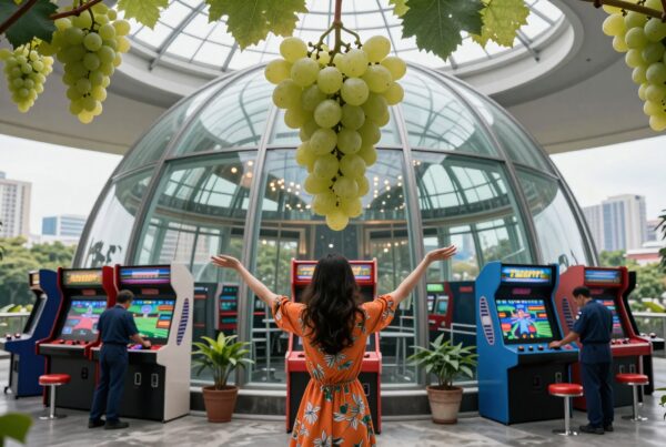 Woman admiring arcade machines under a glass dome with hanging artificial grapes.