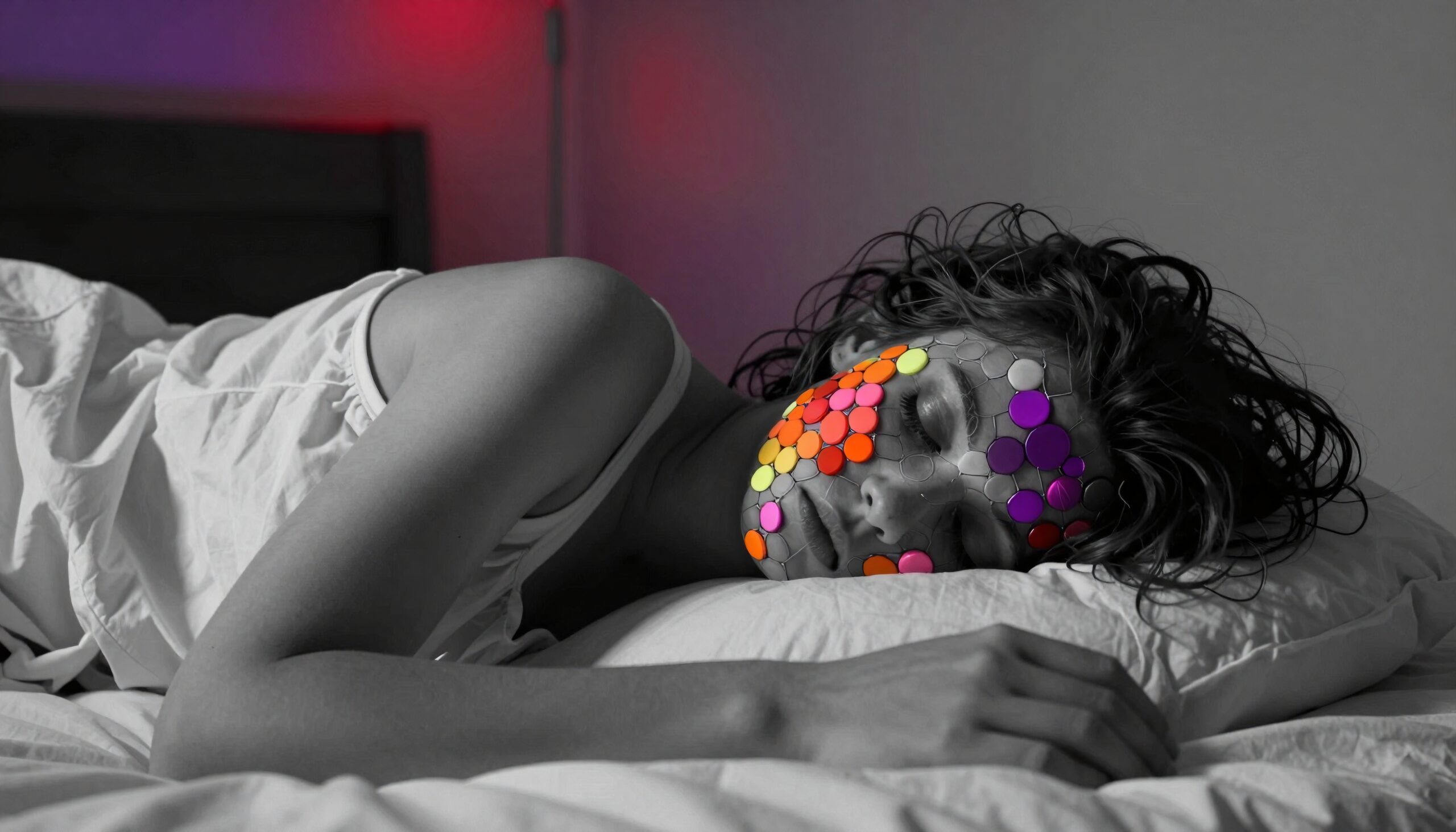 Colorful Dreamscape in Monochrome Bedroom