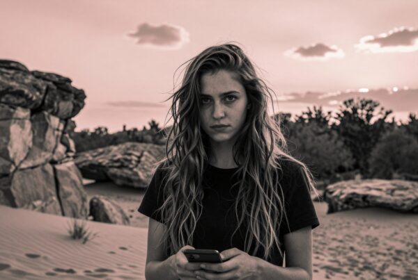 A young woman with a serious expression holds a phone in a desolate desert, surrounded by rocks and a cloudy sky.