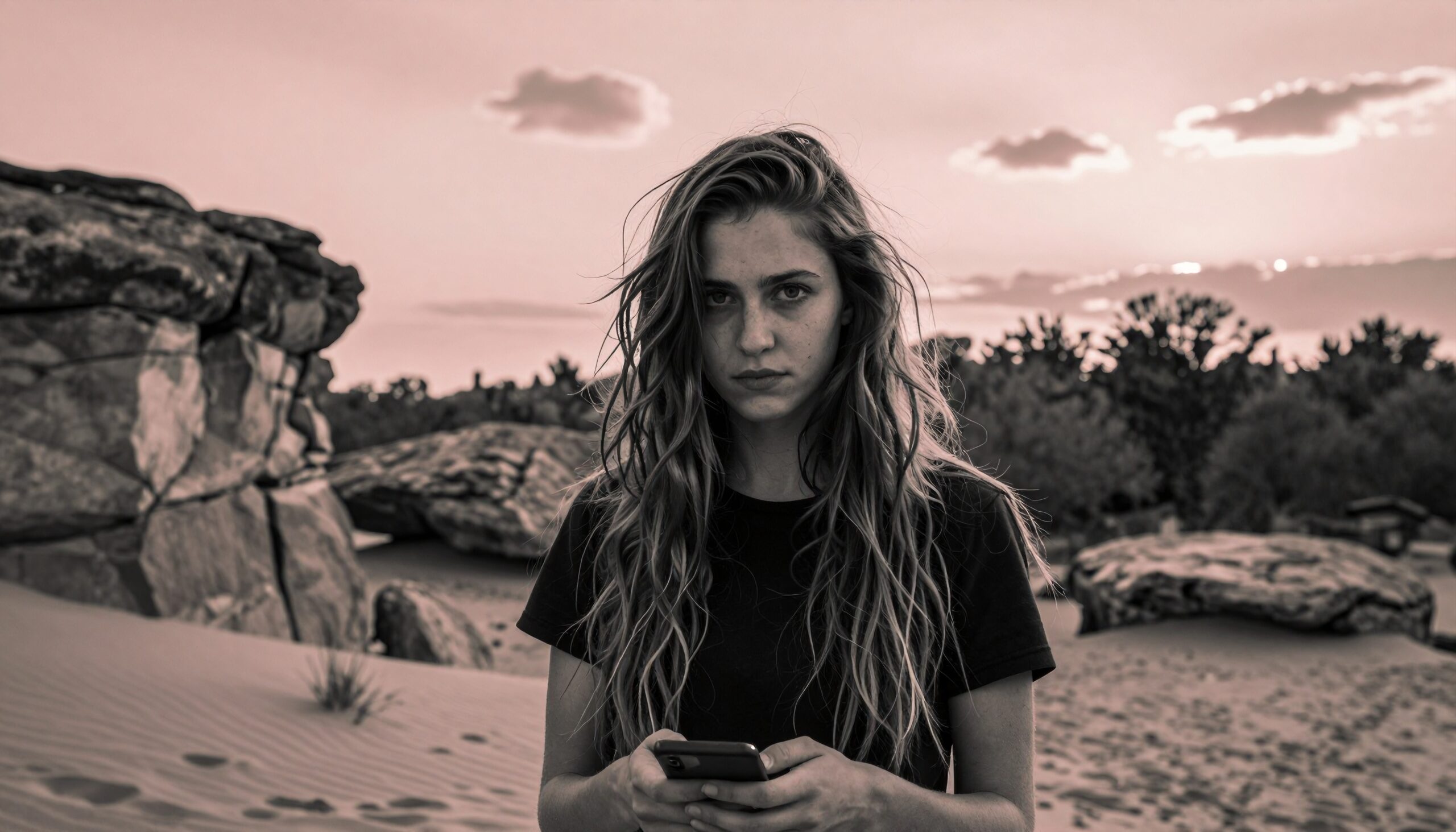 Contemplative Desert Phone Woman